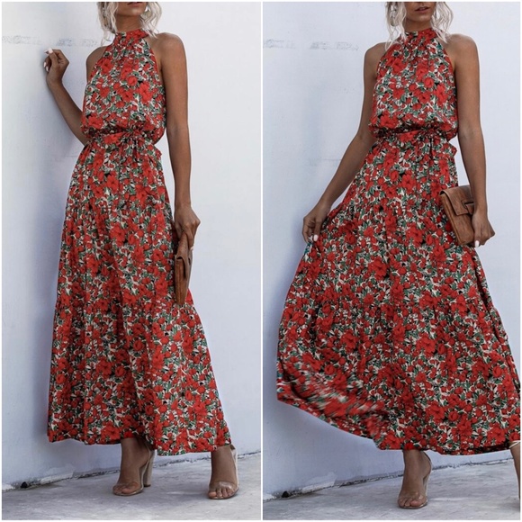 10 - Boho Red Floral Print Romantic Halter Maxi Dress - Picture 3 of 3